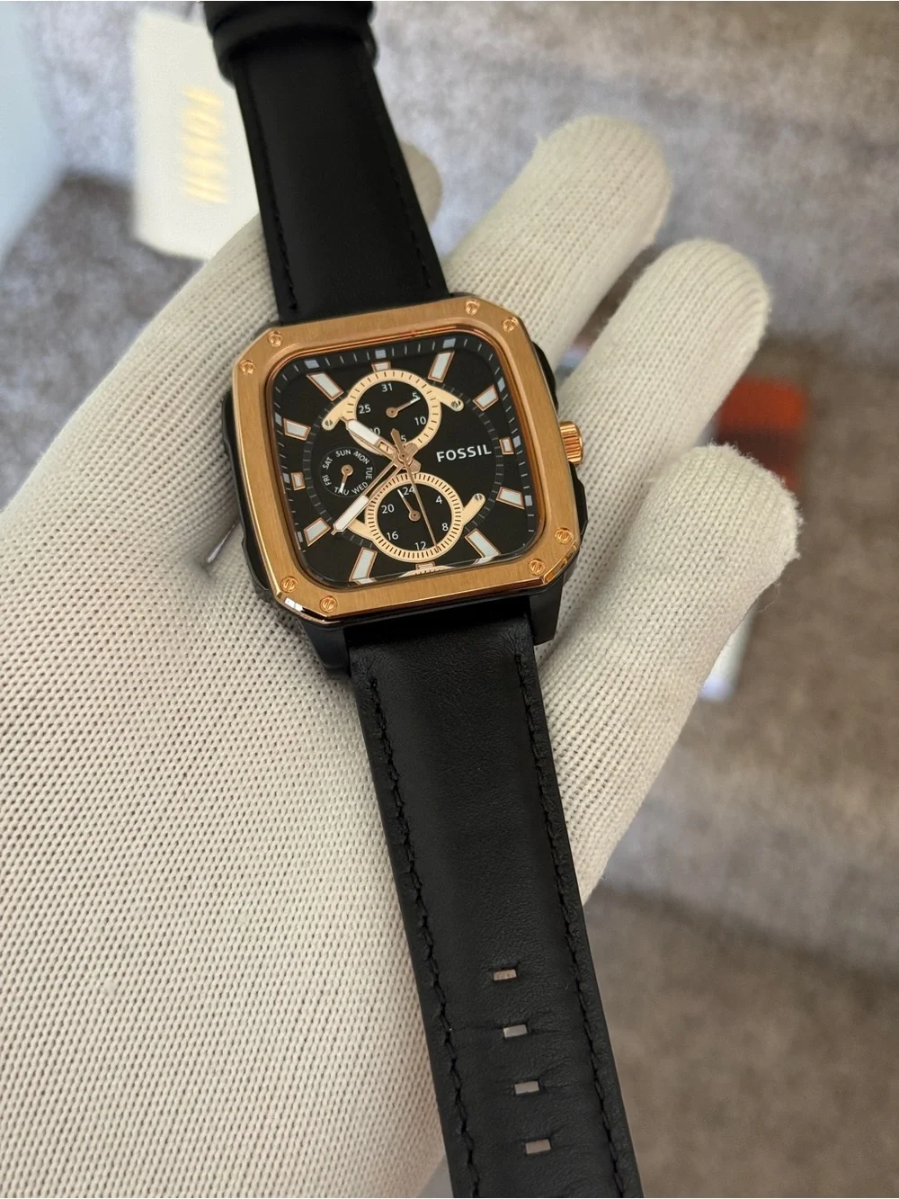 Fossil Black Leather Watch with Rose Gold-Tone Square Case Mens Watch